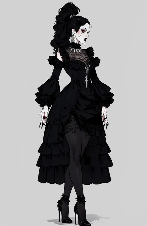 Gothic style, dark series, character standing painting, 1girl, solo, high heels, black hair, white background, simple background, dress, long hair, pantyhose, jewelry, ponytail, full body, makeup, black footwear, black dress, standing, earrings, black nails, lipstick, fingernails, frills<lora:GETE:0.8>,