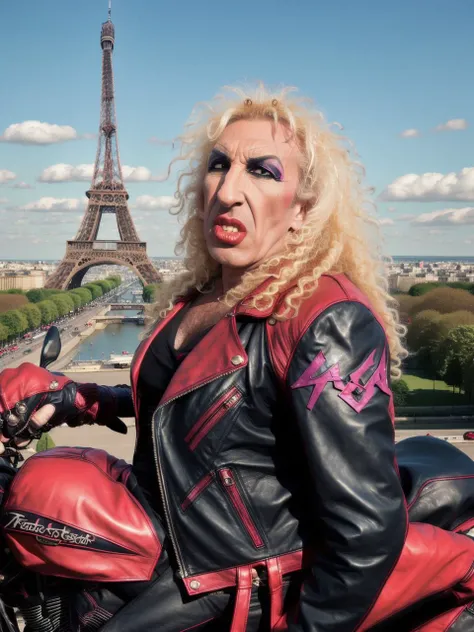 <lyco:twisted sister_v2.0:1> twisted sister, wearing a leather jacket, riding a motorcycle, eifel tower in the background, sharp, amazing, bokeh, canon dslr, realistic