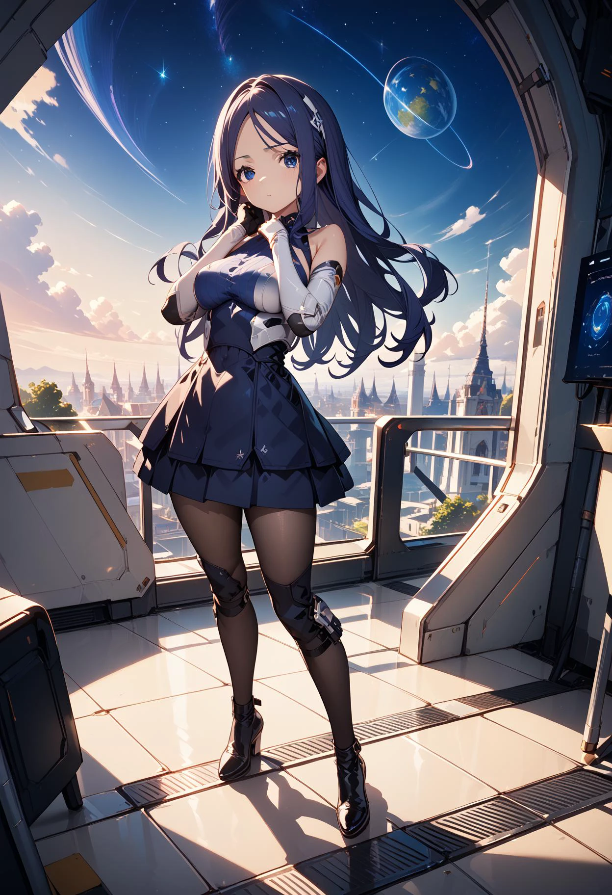 (score_9,score_8_up,score_7_up,source_anime,(masterpiece:1.2),best quality,very aesthetic,public indecency,absurdres),masterpiece,best quality,very aesthetic,absurdres,rim light,metallic luster,intricate details,1girl,
<lora:kanade_p_V2_2:1>,kanade,blue eyes,blue hair,long hair,elbow gloves,skirt,pantyhose,black footwear,
<lora:Fixhands_anime_bdsqlsz_V1:1>,
light_blush,Space Station,starry_sky,cinematic_angle,looking_at_viewer,:o,(clenched hands, hands on own chin),, masterpiece,best quality, very aesthetic, absurdres, ultra detailed, high resolution, 4k, extremely detailed CG,