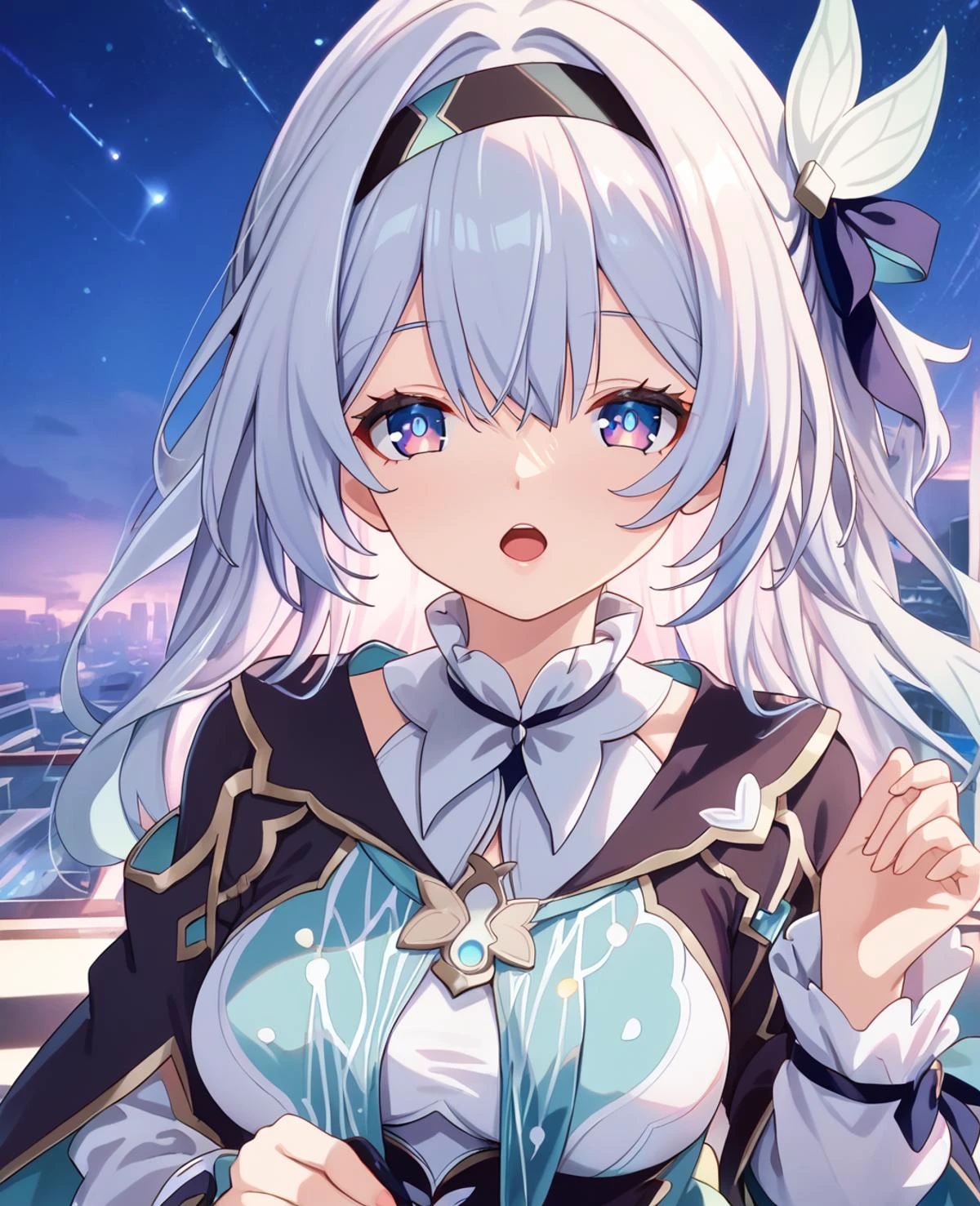 insanely detailed, absurdres, ultra-highres, ultra-detailed, best quality,
heavy breathing, open mouth,
<lora:firefly_pony_v2:0.8> firefly \(honkai: star rail\), dress, long sleeves, hair ornament,,black hairband, medium breasts