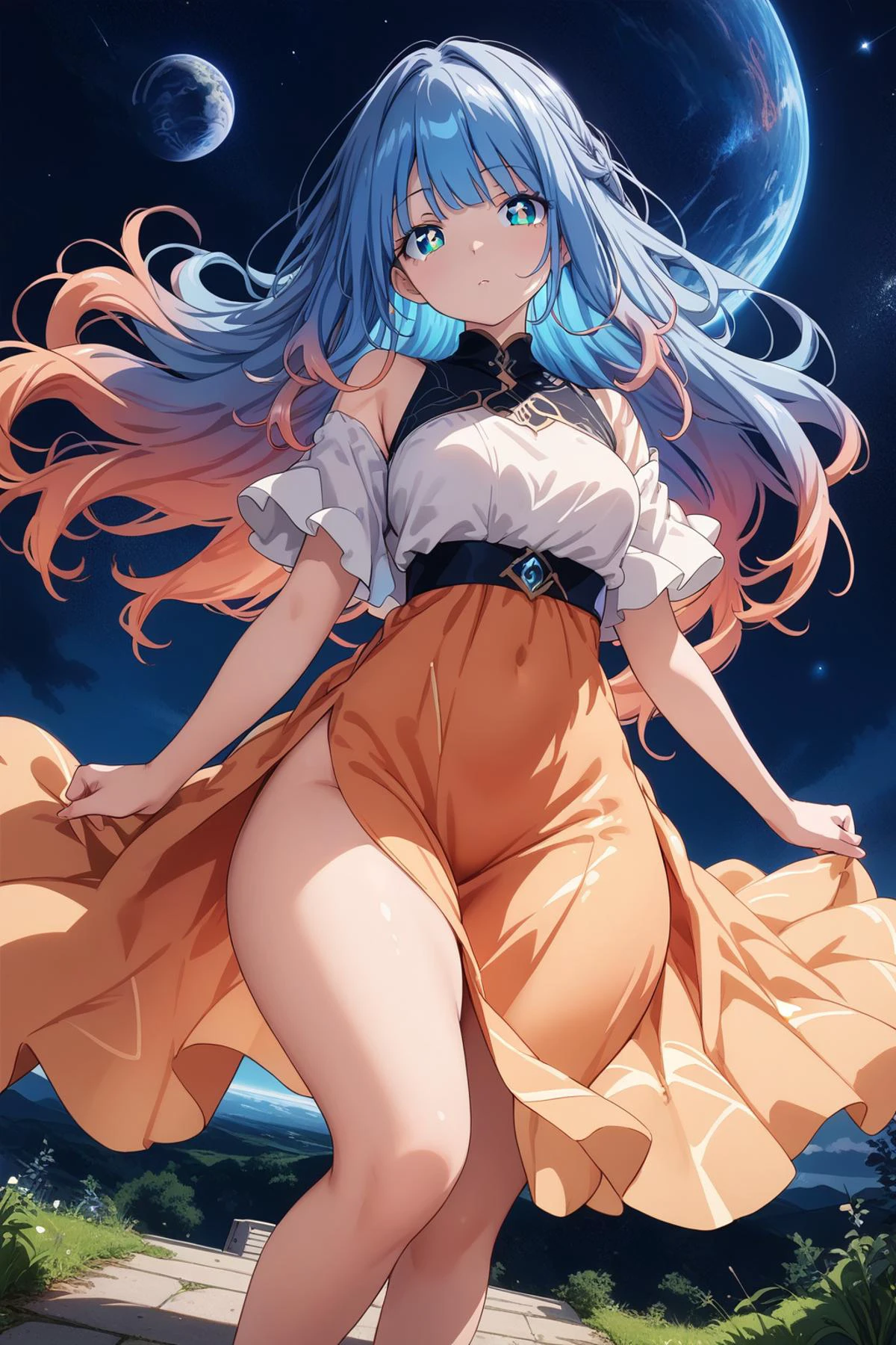 1girl, long hair, long dress, thick thighs, looking at viewer, gradient hair, gradient dress, outdoors, night, extra bright pupils, close-up, floating hair, space