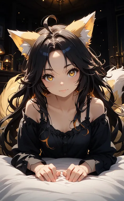 cute, black theme, light particles, 1girl, fox girl, fox tail, yellow eyes, parted bangs, black hair, yellow_highlights, long hair, messy hair, ahoge, head tilt, closed mouth, fangs, black pajamas, off-shoulder, small breasts, black_bra,