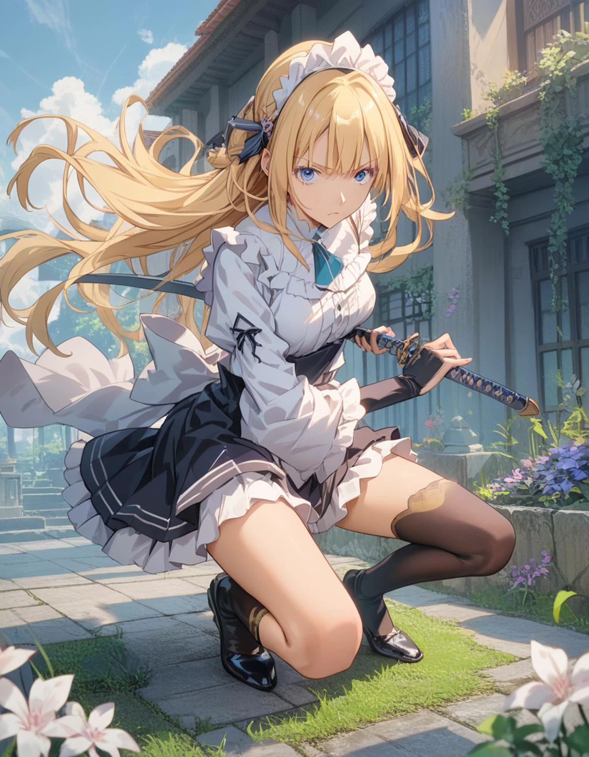 score_9, score_8_up, score_7_up, best quality, highres, absurdres, source_anime,
solo, violet evergarden, blonde hair, blue eyes, maid uniform,
iaidow, weapon, katana, holding sword, ready to draw, sheathed, unsheathing, scabbard, fighting stance, battoujutsu stance, <lora:iaidou_Pony_v1:0.8>,
from below, full body, looking up, garden,