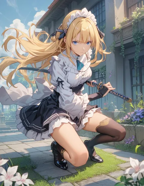 score_9, score_8_up, score_7_up, best quality, highres, absurdres, source_anime,
solo, violet evergarden, blonde hair, blue eyes, maid uniform,
iaidow, weapon, katana, holding sword, ready to draw, sheathed, unsheathing, scabbard, fighting stance, battoujutsu stance, <lora:iaidou_Pony_v1:0.8>,
from below, full body, looking up, garden,