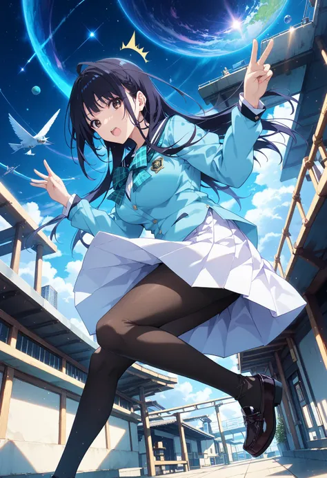 (score_9,score_8_up,score_7_up,source_anime,(masterpiece:1.2),best quality,very aesthetic,public indecency,absurdres),masterpiece,best quality,very aesthetic,absurdres,1girl,
<lora:wakoto_p_v1:1>,wakoto,black hair,long hair,brown eyes,w_clothes,school uniform,plaid bow,light blue cardigan,white skirt,black pantyhose,loafers,<lora:Fixhands_anime_bdsqlsz_V1:1>,
dynamic_angle,cinematic_angle,dutch angle,looking_at_viewer,
jumping,space,space station,starry_sky,meteor,surprised,leg_up,^^^,from_below,, masterpiece,best quality, very aesthetic, absurdres, ultra detailed, high resolution, 4k, extremely detailed CG,