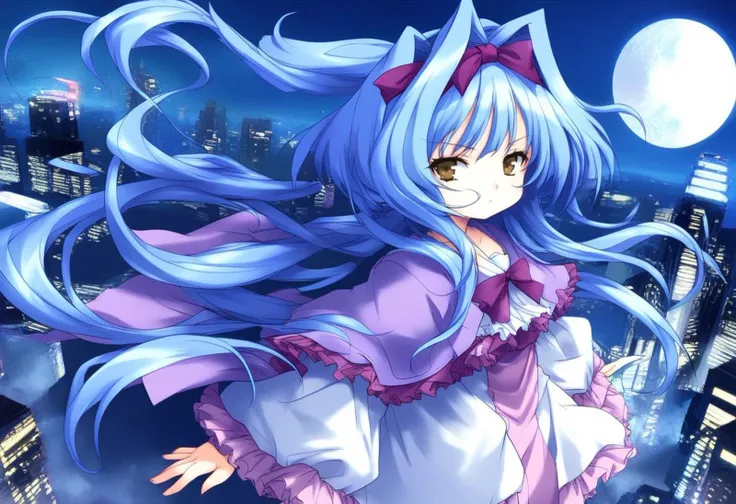 score_9, score_8_up, score_7_up, source_GAME, rating_explicit, BREAK
solo, bow, upper body , winered hair_ribbon, looking at viewer,
serious face,beautiful face
cyberpunk,gigantic size full moon, black night,near future city, buildings, outdoors,
BREAK
<lora:Shion_IES_Ver2.0_XL:1> Shion_IES, very long hair, hair intakes, flat chest, short stack,blue hair,brown eyes,hair bow,frills,white dress, purple capelet,