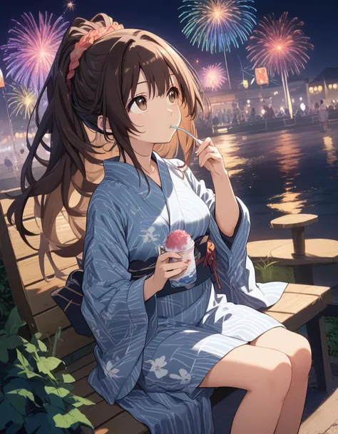 score_9, score_8_up, score_7_up, best quality, highres, absurdres, source_anime,
solo, black hair, brown eyes, long hair, medium breasts, yukata, sitting on bench,
shaved ice, <lora:shavedice_Pony_v1:0.8>,
holding drinking straw, spoon straw, eating,
summer festival, night, stall, crowd, fireworks, looking up, side view,