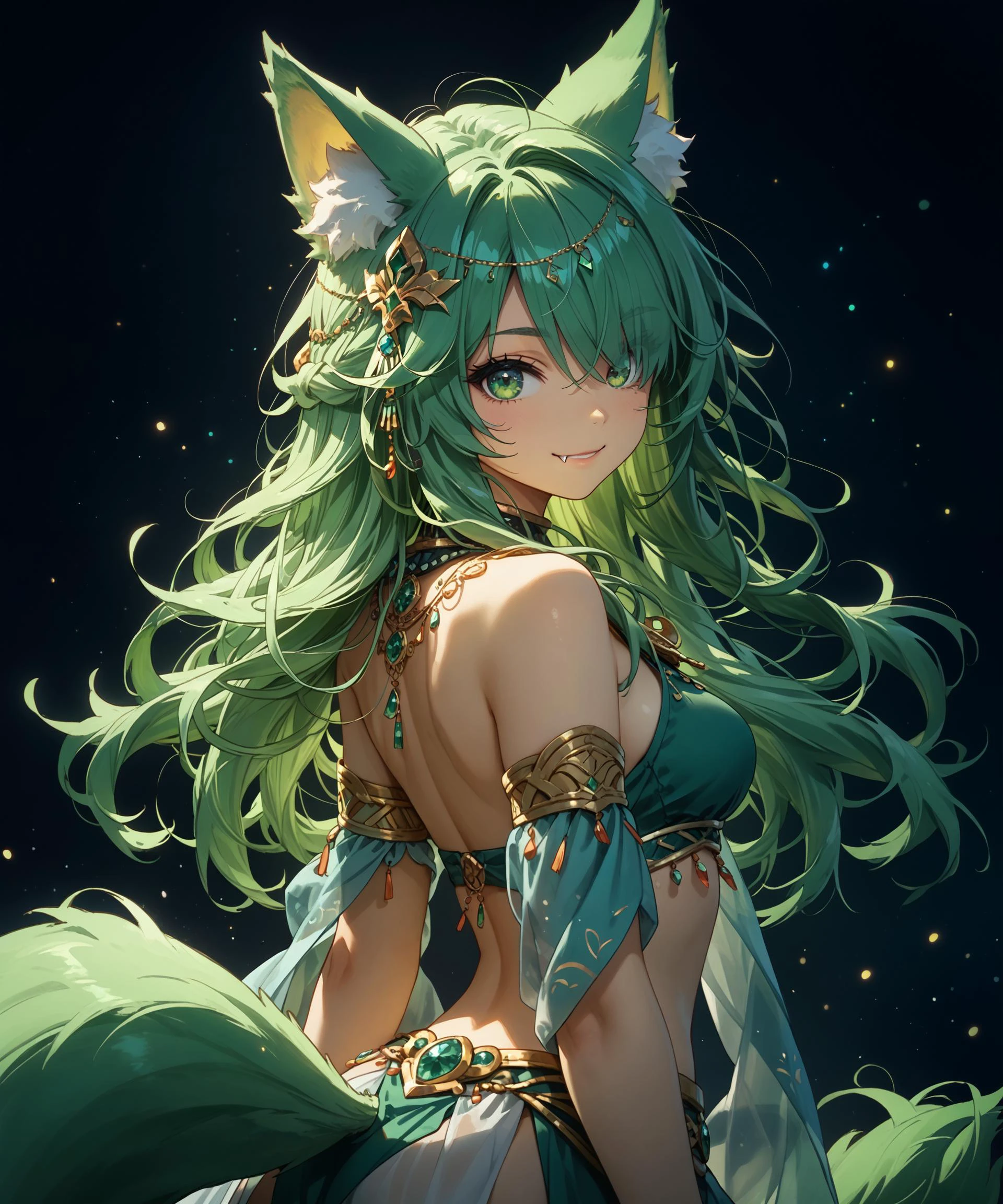 cute, black background, light particles, green theme, 1girl, foxgirl, fox ears, fox tail, long hair, green hair, hair over one eye, green eyes, messy hair, green nails, harem outfit, medium breasts, jewelry, from behind, looking back, smile, closed mouth, fangs, cowboy shot