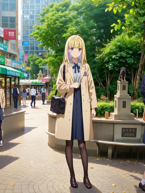 âPonyé«ç»è³ª
score_9, score_8_up, score_7_up, score_6_up, source_anime,  uncensored,
source_hentai,
âç´°å¯å
large filesize, full color, masterpiece, high quality,  top quality,
very_high_resolution,extremely high-resolution details,
8k, RAW photo, photorealistic, photographic, 
âäººæ°
(1girl, solo,  solo focus:1.5),ã
âã­ã£ã©ã¯ã¿
<lora:reimi-itsushiro-s1-ponyxl-lora-nochekaiser:0.8>
reimi itsushiro, long hair, bangs, blonde hair, purple eyes, purple hair,
multicolored hair, blunt bangs, two-tone hair, ahoge, 
âæè£
skirt, shirt, long sleeves, ribbon, school uniform, pantyhose, neck ribbon, grey shirt,
duffle coat, black bag, 
âè¡¨æ
looking at viewer, smile, 
âãã¼ãº
 ï¼[Pose]ï¼,
âèæ¯
detailed background, 
<lora:shibuya_hachikoumae_pony_V1:0.7>
outdoors, 
((statue, dog, hachikoumae)), scenery, tree, 
building, city, road, real world location, 
day, street, shop, sky
âæ§å³
(full body:1.4), Distant view, Wide shot, Panorama view,
