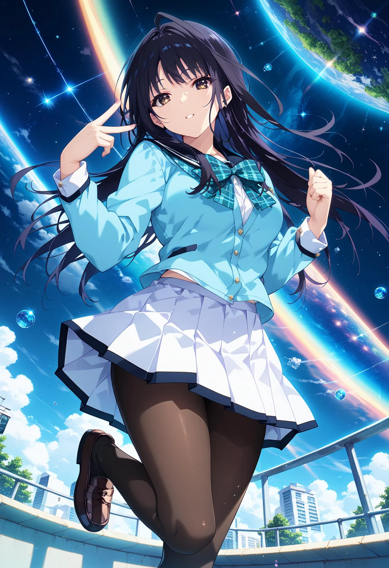 (score_9,score_8_up,score_7_up,source_anime,(masterpiece:1.2),best quality,very aesthetic,public indecency,absurdres),masterpiece,best quality,very aesthetic,absurdres,1girl,solo,
<lora:wakoto_p_v1:1>,wakoto,black hair,long hair,brown eyes,w_clothes,school uniform,plaid bow,light blue cardigan,white skirt,black pantyhose,loafers,<lora:Fixhands_anime_bdsqlsz_V1:1>,
dynamic_angle,cinematic_angle,dutch angle,looking_at_viewer,
jumping,space,space station,starry_sky,meteor,leg_up,from_below,^_^,, masterpiece,best quality, very aesthetic, absurdres, ultra detailed, high resolution, 4k, extremely detailed CG,