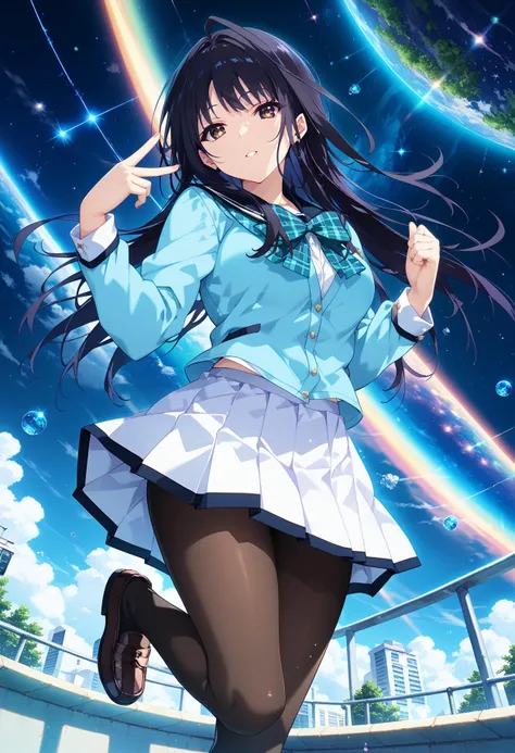 (score_9,score_8_up,score_7_up,source_anime,(masterpiece:1.2),best quality,very aesthetic,public indecency,absurdres),masterpiece,best quality,very aesthetic,absurdres,1girl,solo,
<lora:wakoto_p_v1:1>,wakoto,black hair,long hair,brown eyes,w_clothes,school uniform,plaid bow,light blue cardigan,white skirt,black pantyhose,loafers,<lora:Fixhands_anime_bdsqlsz_V1:1>,
dynamic_angle,cinematic_angle,dutch angle,looking_at_viewer,
jumping,space,space station,starry_sky,meteor,leg_up,from_below,^_^,, masterpiece,best quality, very aesthetic, absurdres, ultra detailed, high resolution, 4k, extremely detailed CG,