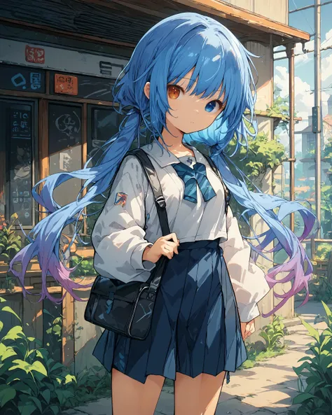 score_9, score_8_up, score_7_up, score_6_up, <lora:spp-1:0.8>, 1girl, (solo), spp1, blue hair, low twintails, long hair, gradient hair, blue eyes, heterochromia, orange eyes, school uniform, wearing sling bag, standing,
