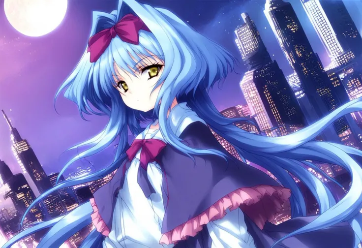 score_9, score_8_up, score_7_up, source_GAME, rating_explicit, BREAK
solo, bow, upper body, capelet, frills, yellow eyes, hair ribbon, looking at viewer,
serious face,beautiful face
cyberpunk,gigantic full moon, night,near future city, buildings, outdoors,
BREAK
<lora:Shion_IES_Ver2.0_XL:1> Shion_IES, very long hair, hair intakes, flat chest, short stack,blue hair,brown eyes,hair bow,