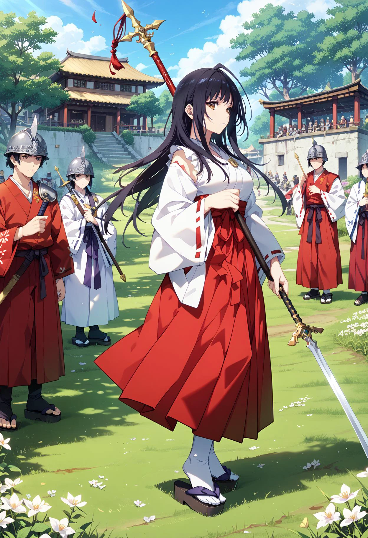 (score_9,score_8_up,score_7_up,source_anime,(masterpiece:1.2),best quality,very aesthetic,public indecency,absurdres),masterpiece,best quality,very aesthetic,fantasy,absurdres,1girl,solo,
<lora:wakoto_p_v1:1>,wakoto,black hair,long hair,brown eyes,w_miko,japanese clothes,miko,tabi,sandals,red hakama,holding,holding_spear,<lora:Fixhands_anime_bdsqlsz_V1:1>,
profile,serious,
BREAK
blood,blood on clothes,sword,flower,armor,polearm,holding weapon,field,helmet,outdoors,army,soldier,spear,solo focus,6+boys,fantasy,battlefield,, masterpiece,best quality, very aesthetic, absurdres, ultra detailed, high resolution, 4k, extremely detailed CG,