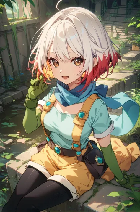 score_9, score_8_up, score_7_up, very aesthetic, source_anime, detailed,
ruins, forest,
cowboy shot, from above, looking at viewer,
sitting, open smile,
medium breasts,
<lora:pascal_v01:0.95>capri pants under yellow shorts, suspenders, pouch, pouches, blue scarf, ahoge, blue collarless shirt, short sleeves, green gloves, elbow gloves, black footwear, pascalBase, belt, brown eyes, sidelocks, short hair, multicolored hair, white hair, red hair,, zPDXL