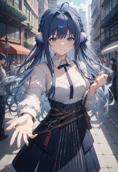 masterpiece, best quality, score_9, score_8_up, score_7_up, best quapoty, highres, absurdres, source_anime, 1girl, Astesia, long hair, blue hair,birdears, hair intakes, slender body, <lora:astesia:0.6>, , Thumbing forward, thumb extended, hand reaching, A student prepares a special meal for a friend staying home sick, navigating the city streets with care.