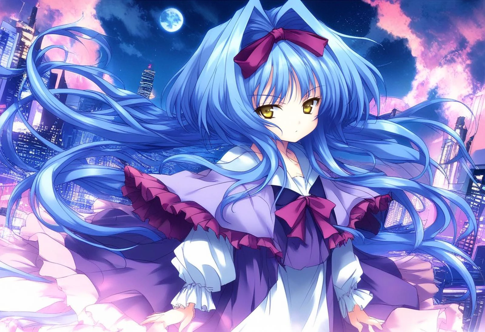 score_9, score_8_up, score_7_up, source_GAME, rating_explicit, BREAK
solo, bow, upper body, capelet, frills, yellow eyes,winered hair ribbon, looking at viewer,
serious face,beautiful face
cyberpunk,gigantic size full moon, night,near future city, buildings, outdoors,
BREAK
<lora:Shion_IES_Ver2.0_XL:1> Shion_IES, very long hair, hair intakes, flat chest, short stack,blue hair,brown eyes,hair bow,white and purple dress