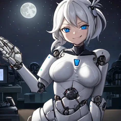 (((((mechanical_parts, robot_joints))))), (mecha musume:0.8),  flat_chest, contrapposto,  gears, blue eyes, short hair, upper body, perfect face and eyes, cropped_torso,
(armor::0.5), (:full_armor::0.6), (white armor:0.6)
mature aged_up 1girl, night sky, detailed full moon, in a computer, smirk, short hair, side_ponytail, medium_breasts,  <lyco:enigi09-10:1.0> enigi09,