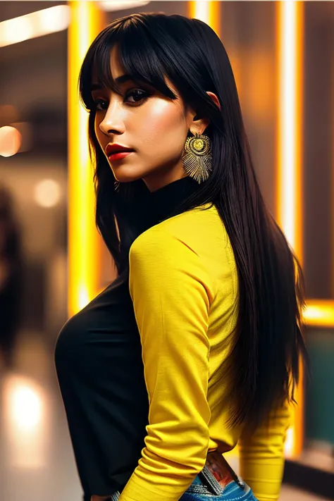 photo of seductive (aitanasinger:0.99), a woman as a sexy customer, closeup portrait, (tight yellow long sleeve Light Blush t-shirt), (jeans), (in a department store:1.1), (masterpiece:1.5) (photorealistic:1.1) (bokeh) (best quality) (detailed skin texture pores hairs:1.1) (intricate) (8k) (HDR) (wallpaper) (cinematic lighting) (sharp focus), eyeliner, (painted lips), (earrings), (vivid atmosphere)