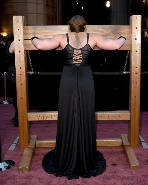 athletic muscular woman wearing a black cocktail dress, from the behind pillory stocks on the oscars red carpet, <lora:Pillory-v2-Test:.7>