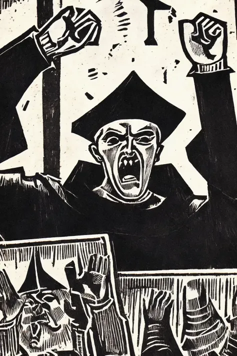 drckgrfk style block print, close-up, medieval monk wearing a hood protesting the rise of the printing press, fist raised, an angry mob holding up books, shouting, furious, <lora:dreamlookai_stable-diffusion-v1-5_step_2200_b53ad249_lora [drckgrfk style]:1>, high contrast