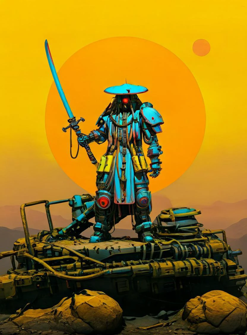 a robot with a sword standing on a hill with a sun in the background and a yellow sky behind it, trending on artstation hq, cyberpunk art, nuclear art, <lora:ColorStyle-000005:.7>,