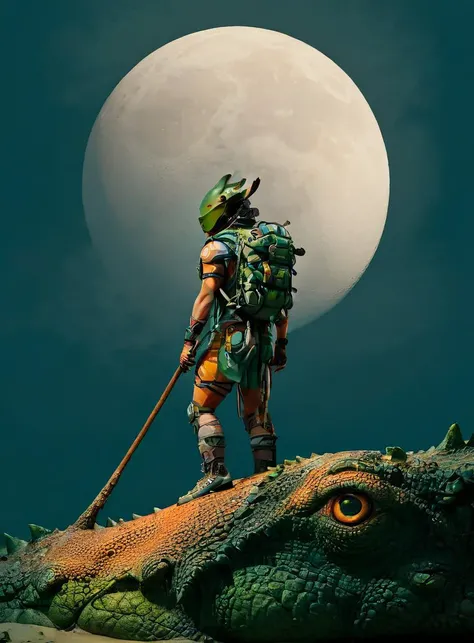 a man with a backpack and a stick standing on a giant alligator head with a full moon in the background, Filip Hodas, sci fi fantasy, poster art, fantasy art, <lora:ColorStyle-000005:.7>,