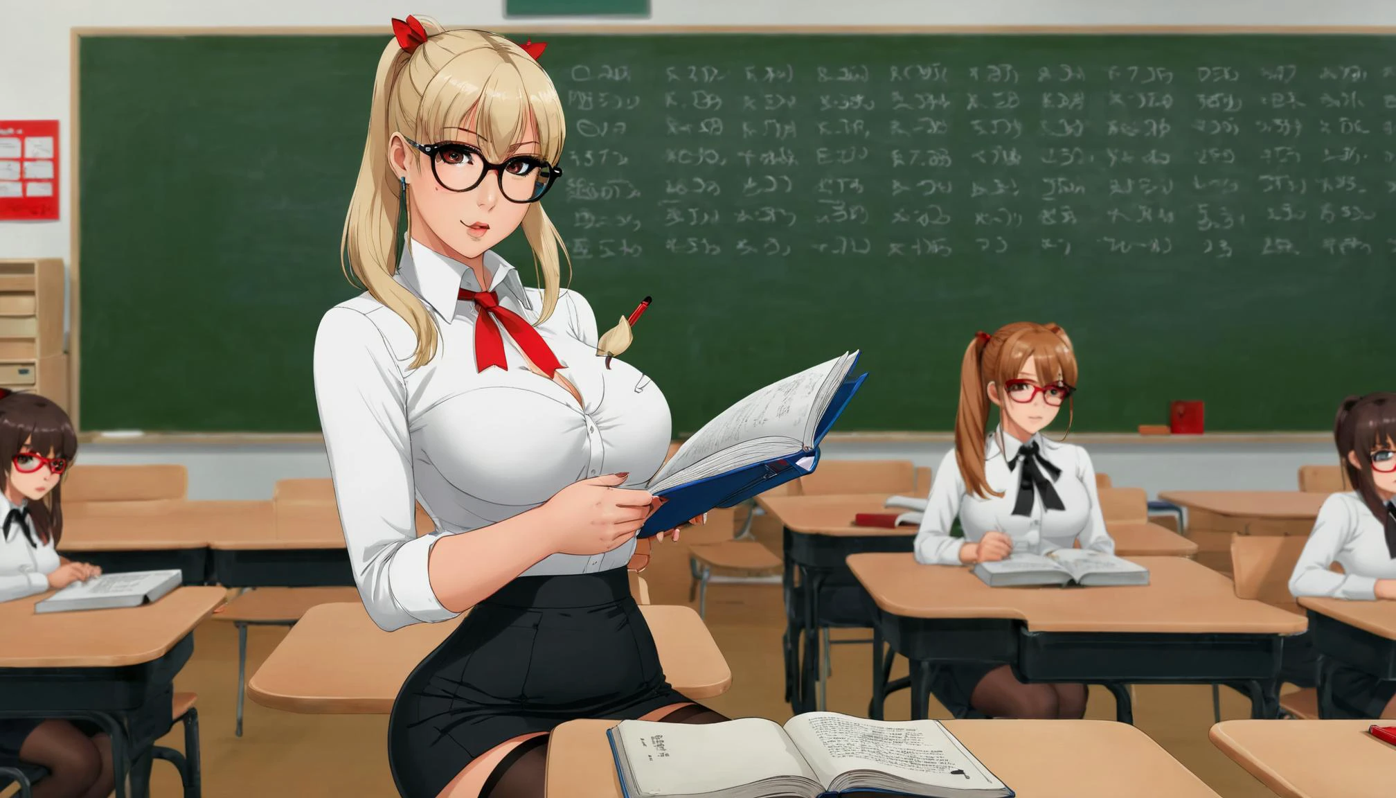 <lora:ColorStyle-000005:0.5>,, raw photo, below view, blonde teacher with cute makeup, age 40, face detailing, (holding textbook and with a pointer: 1.4) , black tight miniskirt, in high-heeled shoes, in the crowded classroom, white semi-transparent blouse , stylish glasses, ( masterpiece:1.1) , (Thigh high socks :1.1), ponytail, red eyes, red ribbon, skin tight , (side breasts) , shoulder, collarbone, students, desks ,chairs, long earrings, textbooks, blackboard, classroom, graphic eyeliner, rouge, (choker:0.9), realistic skin texture,,, very thin waist, <lora:SDXL_MassiveCowsLoRA_v1:0.1> breasts, cleavage, slim body,, (8k, masterpiece, best quality, ultra-detailed), (an extremely delicate and beautiful)kawaii, cute, very big eyes, Aesthetic Anime Eyes, small face, large breasts, cinematic lighting, , Intricate, High Detail, Sharp focus, dramatic, masterpiece, best quality, ultra-detailed,