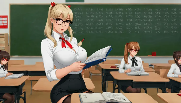 <lora:ColorStyle-000005:0.5>,, raw photo, below view, blonde teacher with cute makeup, age 40, face detailing, (holding textbook and with a pointer: 1.4) , black tight miniskirt, in high-heeled shoes, in the crowded classroom, white semi-transparent blouse , stylish glasses, ( masterpiece:1.1) , (Thigh high socks :1.1), ponytail, red eyes, red ribbon, skin tight , (side breasts) , shoulder, collarbone, students, desks ,chairs, long earrings, textbooks, blackboard, classroom, graphic eyeliner, rouge, (choker:0.9), realistic skin texture,,, very thin waist,  <lora:SDXL_MassiveCowsLoRA_v1:0.1> breasts, cleavage, slim body,, (8k, masterpiece, best quality, ultra-detailed),  (an extremely delicate and beautiful)kawaii, cute, very big eyes, Aesthetic Anime Eyes, small face,  large breasts, cinematic lighting, , Intricate, High Detail, Sharp focus, dramatic,   masterpiece, best quality, ultra-detailed,