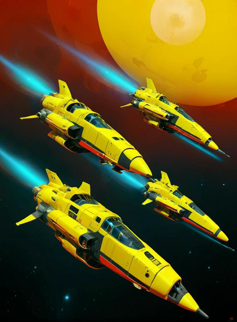 multiple yellow and black spaceships with a yellow and red background, rich colors, poster art, space art <lora:ColorStyle-000005:.7>,