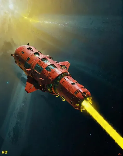 <lora:ColorStyle-000003:.8>, a red spaceship, yellow exhaustion, on the space, with yellow beams coming out of it, redshift, poster art, space art