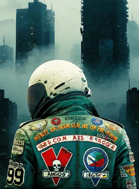 a person wearing a jacket with patches on it and a city in the background with buildings and fog in the air, Enki Bilal, cyberpunk, cyberpunk art, retrofuturism <lora:ColorStyle-000005:.7>,