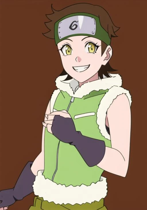 <lora:wasabi:0.8> , wasabi_izuno, 1girl, solo, looking at viewer, smile, simple background, brown hair, gloves, white background, yellow eyes, fingerless gloves, grin, vest, fur trim, headband, fishnets, forehead protector