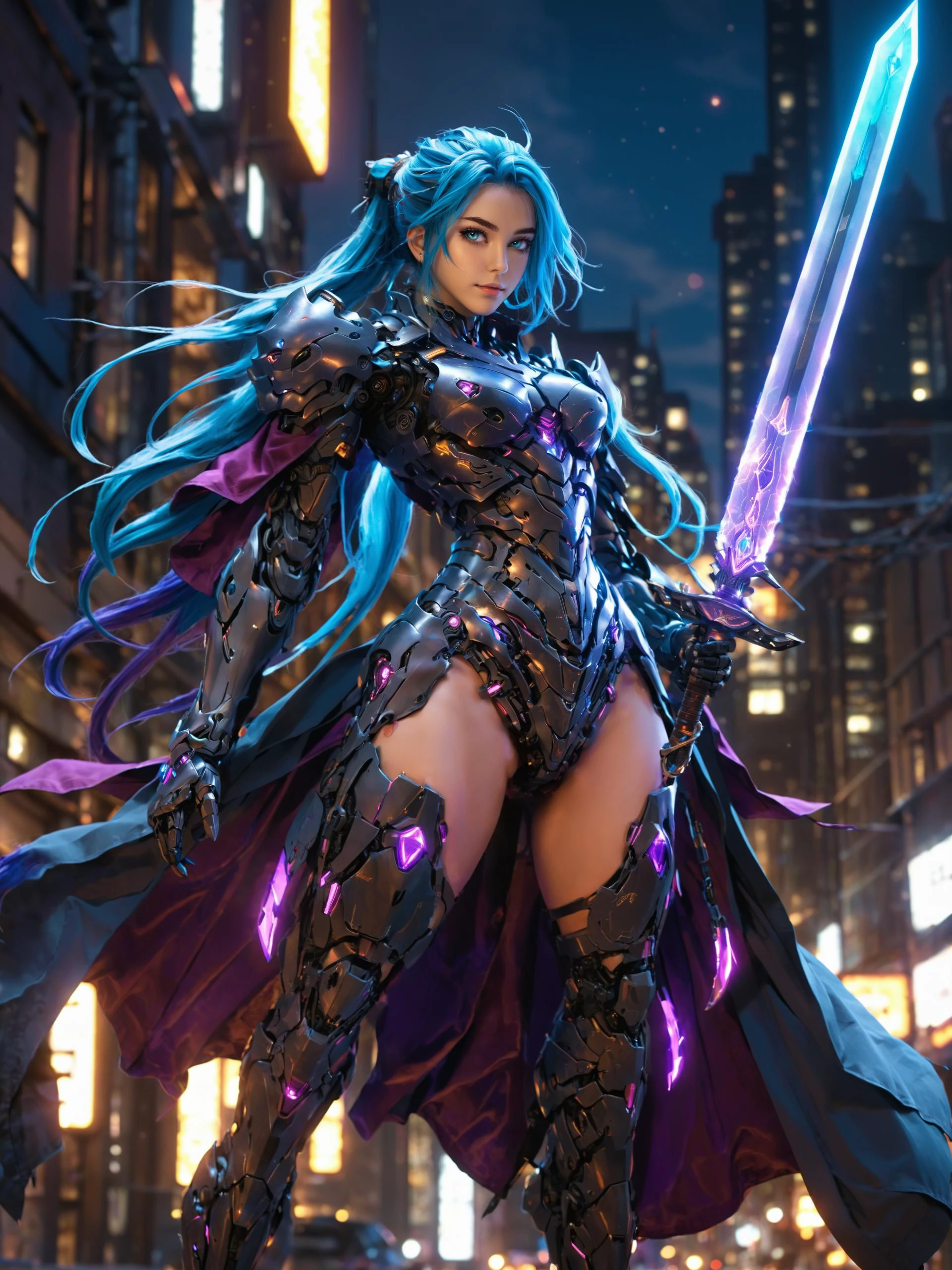 <lora:add-detail-xl:0.7> <lora:xl_more_art-full-xl:0.5> <lora:style-arcana-xl-by_lahinthefutureland:0.4> <lora:action-xl-v0.5-by_zovya:0.5> <lora:niji-xl-by_terry9993:0.5> <lora:envyzoomsliderxl01-xl:-1.0> ultra detailed 8k character cg, zdyna_pose, from below, arcana, beautiful 18 year old female cyberpunk warrior, multicolored long blue hair with (purple highlights:1.2), black mecha armor, windswept hair, windswept cape, holding a blue glowing elegant magic sword, clenched hand, glowing cyan eyes, science fiction, (at night, full body, dutch angle, wide angle view, frontal view, dynamic pose, looking at viewer:1.4), (accurate, sharp focus, intricate details:1.4)