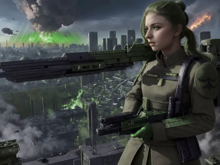 1girl, close shot professional photo of a woman, sharp focus, detailed skin texture, detailed eyes, detailed hair, <lyco:warhammer 40k imperial guardsman:.7>, rifle, sword, laser gun, green military uniform, collar, soldier, astra militarum, imperial guard, warhammer, wh40k, Bell4L0b4t001 mixed with Hail33St31nf3ld02-400 mixed with Abh1l4sh401 mixed with l1llylun4nud3s, green hair, background is a massive cityscape, battle, huge explosion in the background, the distant future, 1942, color photo, <lyco:nomomassive:.7>