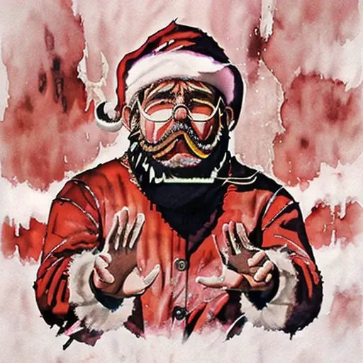 <lora:wcolors:0.9> watercolor, detailed painting <lora:rageMode_v1:0.5> father Santa Claus, big (white beard,:1.5) red furious, flying, throwing presents, hands up in the air, 1boy, shouting, ragemode, lightning medium view ohohoh