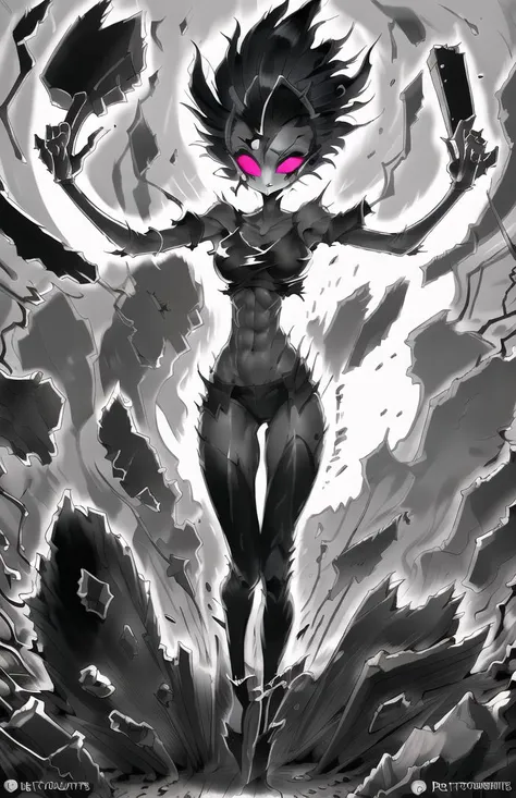 (by cutesexyrobutts, by thebigslick, by pochincoff,) <lora:TheGoetia:0.85>, solo, (octaviagoetia:1.2), female, slim, abs, white face, <lora:rageModeLoraTest_v10:0.75>, ragemode, wild hair, destruction,