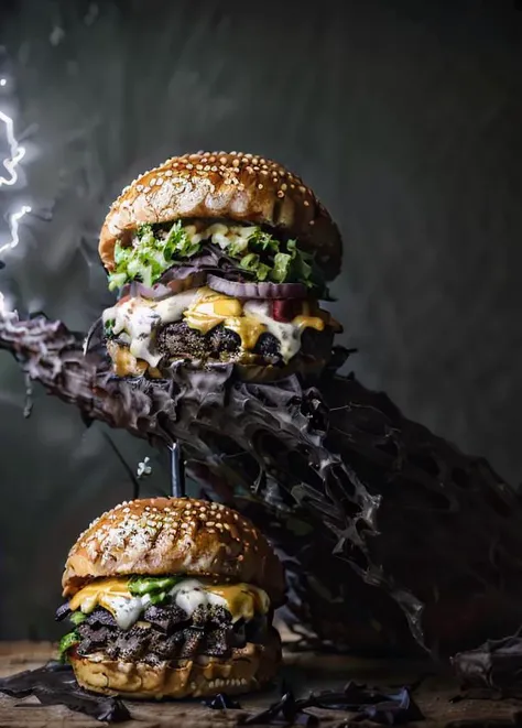 (best quality:1.0), (masterpiece:1.0), realistic, photorealistic, CG, wallpaper, HDR, high quality, high-definition, extremely detailed, excellent lighting, beautiful, cinematic, ((no humans)), (foodphoto), (burger), (aura),((dark aura:1.5)), lightning, white, ((<lora:foodphoto:1>)), (ragemode), <lora:rageMode_v1:0.3>,