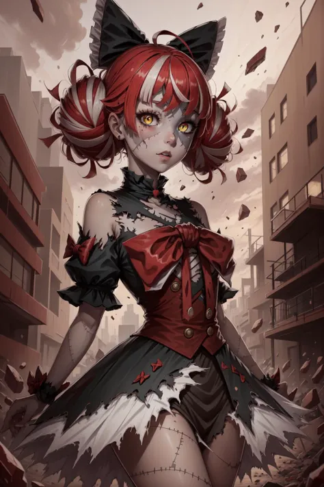best quality, intricate details,
<lora:kureijiOllieHololive4_v3:0.8> zombie, patchwork skin, heterochromia, red eyes, yellow eyes, kureiji ollie, double bun, torn dress, red bow, hair bow,
<lora:rageModeLoraTest_v10:0.4> ragemod, wild hair, destruction,