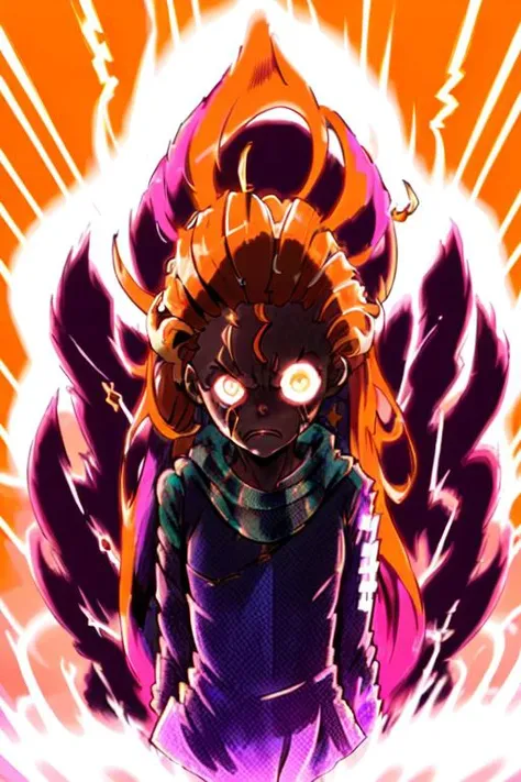 ragemode, man, school uniform, wild hair, lightning,
 (disheveled hair),forehead,zoe,long hair,[orange hair:purple buttom hair:0.8],forehead,zoe,long hair,multicolored hair,angry,