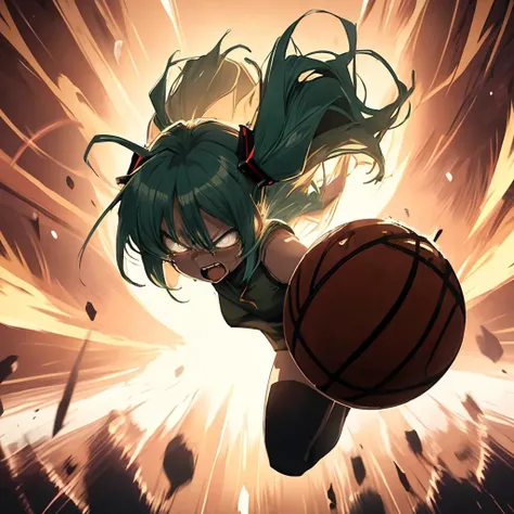 Hatsune Miku with long hair going Supersayan from DBZ, jumping with a ball, screaming, (angry:1.3), hands holding ball, dunking basketball ball, <lora:rageMode_v1:0.6>, anime512