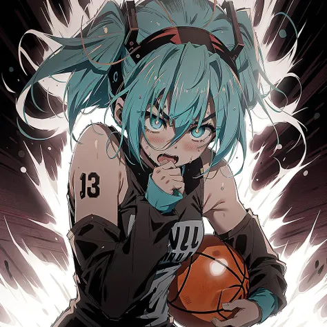 Hatsune Miku with long hair going Supersayan from DBZ, battle pose, screaming, (angry:1.3), hands in knuckles, dunking basketball ball, <lora:rageMode_v1:0.4>, anime512, (thick cyan Hatsune eyebrows:1.4), sweating, fiery eyes