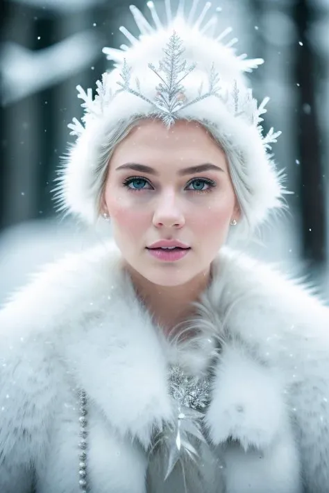 modelshoot style photo, ((snow queen)), snow falling, blizzard, ice, mist, (high detailed skin:1.2), 8k uhd, dslr, cinematic lighting, high quality, film grain, Fujifilm XT3, Brie_LastName