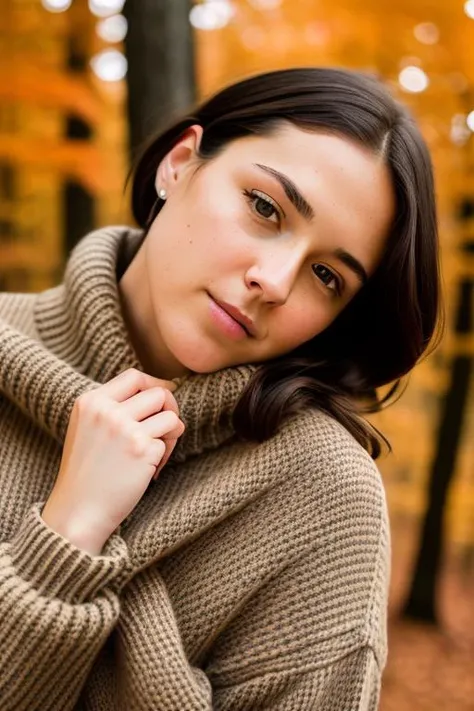 analog style photo, ((cosy sweater)), autumn, fall, changing leaves on trees, forest background, (high detailed skin:1.2), 8k uhd, dslr, cinematic lighting, high quality, film grain, Fujifilm XT3, Brie_LastName
