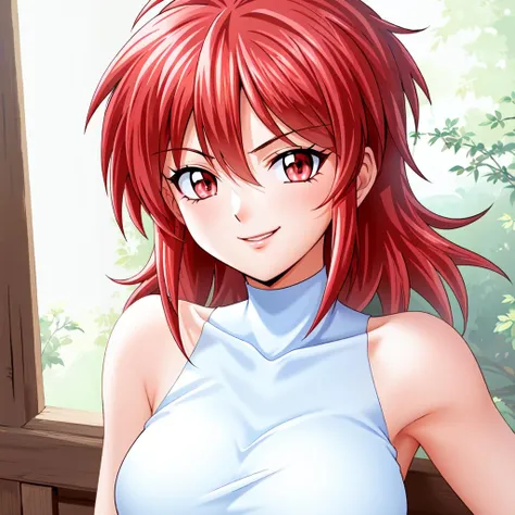 masterpiece,best quality,ultra high res,<lora:NIMISAO:0.7>,whole head in frame,red hair,white sleeveless top,smiling, white background,