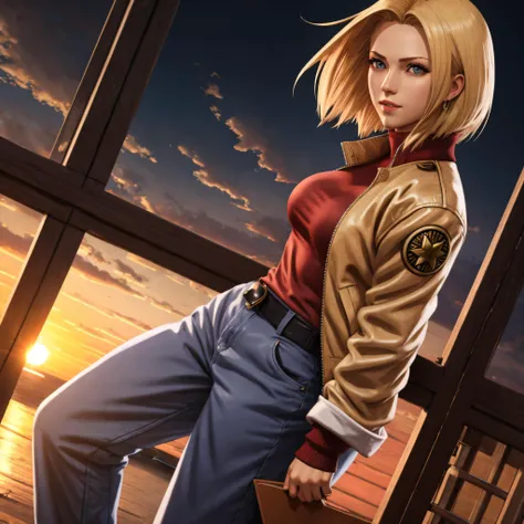 <lora:blueMaryTheKingOf_1:1>, MaryMS from king of fighters, photorealistic, photoshoot, blonde girl standing in parking lot, taut clothes, jacket, looking at camera, high details, detailed face, detailed eyes, sketch art, natural light, sunset, full body, (low angle:1.2), ((anime:1)), dynamic pose, punching towards camera