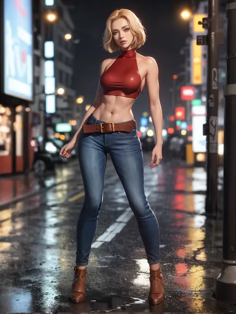 <lora:MaryMS:0.8>,maryms, Best Quality,(beauty), (1girl:1.5),(solo:1),phisically-based render ,ultra highres,(full body:1.5),narrow waist, skinny, LeonaMS ,muscular, big blue eyes,long legs,jeans,leather belt,small breasts,puffy eyes, leather belt,(rainy city), shiny skin, facing viewer, Victory posture,