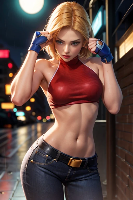 <lora:MaryMS:1>,maryms,Best Quality,(beauty),masterpiece, 1girl,phisically-based render ,ultra highres,narrow waist, skinny,big eyes,long legs,(small breasts),puffy eyes, night,(rainy city), shiny skin, facing viewer, fighting stance, (make a fist),firm expression,