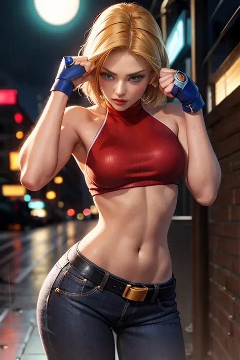 <lora:MaryMS:1>,maryms,Best Quality,(beauty),masterpiece,  1girl,phisically-based render ,ultra highres,narrow waist, skinny,big eyes,long legs,(small breasts),puffy eyes, night,(rainy city), shiny skin, facing viewer, fighting stance, (make a fist),firm expression,