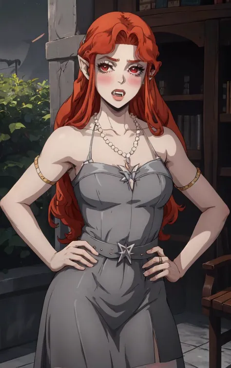 ((masterpiece, best quality)), insaneres, absurdres, solo, looking at viewer,
NightGown_Lenore_ownwaifu,
1girl, long hair, red hair, red eyes, pointy ears, blush, breasts, cleavage, lips, red lips, collarbone, fangs, lipstick, makeup, vampire, braid, floating hair,
jewelry, necklace, pearl necklace, armlet, grey dress, bare shoulders,
(contrapposto, hand on hip)<lora:CARTOON_Castlevania_Lenore_ownwaifu:1>,
depth of field, vanishing point, garden, sidelighting,
